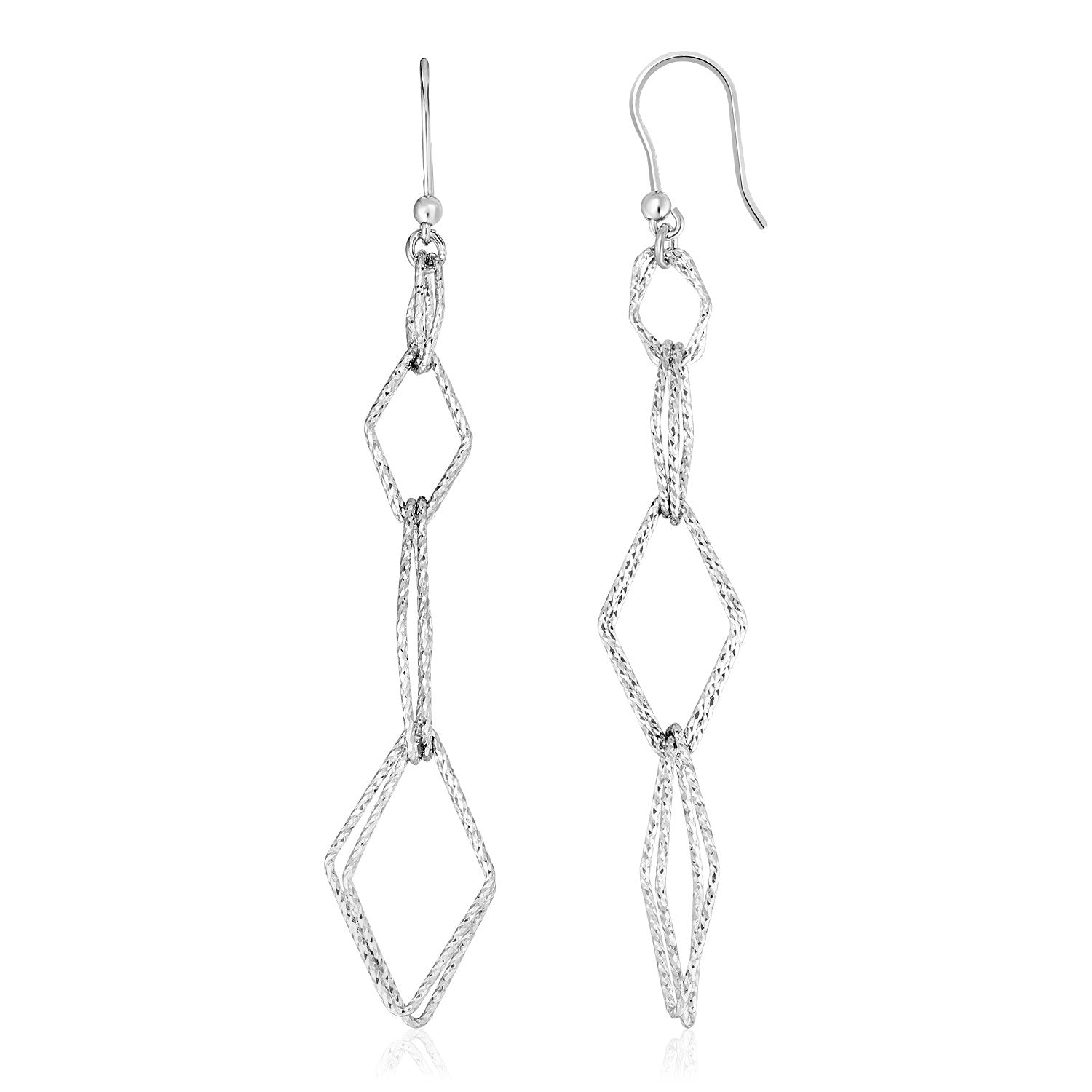 Sterling Silver Textured Interlocking Diamond Motif Dangling Earrings