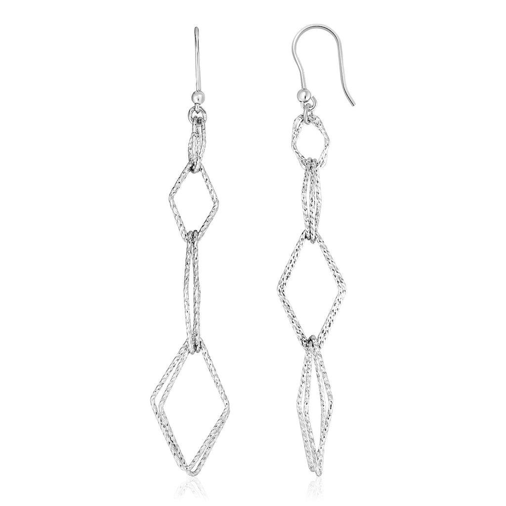 Sterling Silver Textured Interlocking Diamond Motif Dangling Earrings