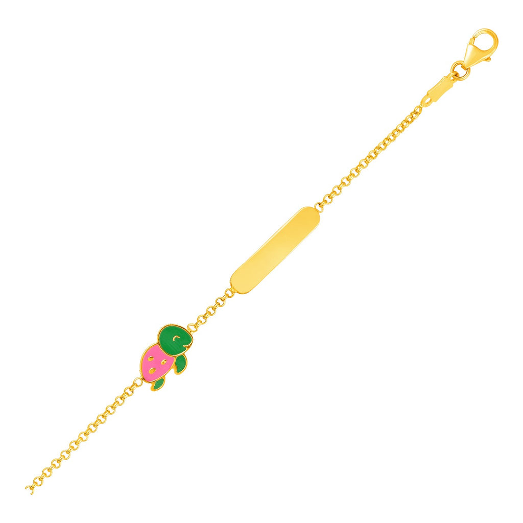 Yellow Gold 14k Childrens Bracelet with Bar and Enameled Turtle