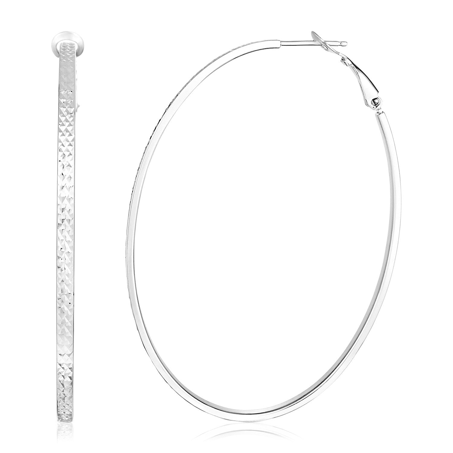 Sterling Silver Large Textured Oval Hoop Earrings in Hinged Snap Back