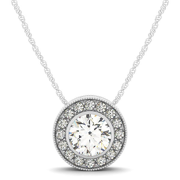 White Gold 14 Women's Diamonds Necklace Halo with Center Bezel