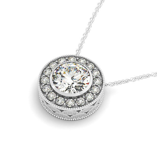 White Gold 14 Women's Diamonds Necklace Halo with Center Bezel