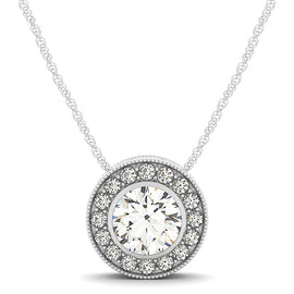 White Gold 14 Women's Diamonds Necklace Halo with Center Bezel