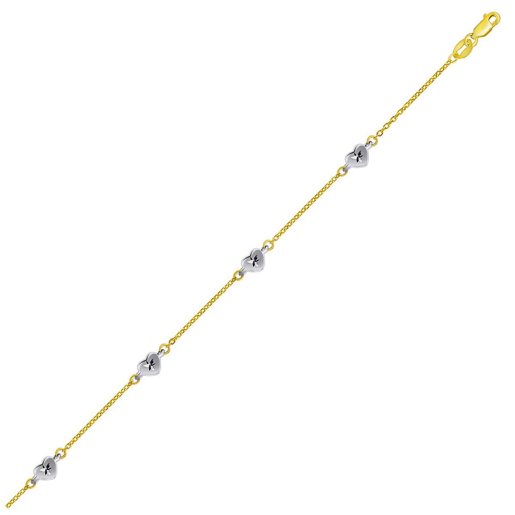 Two Tone Gold 14k Anklet with Diamond Cut Heart Style Stations