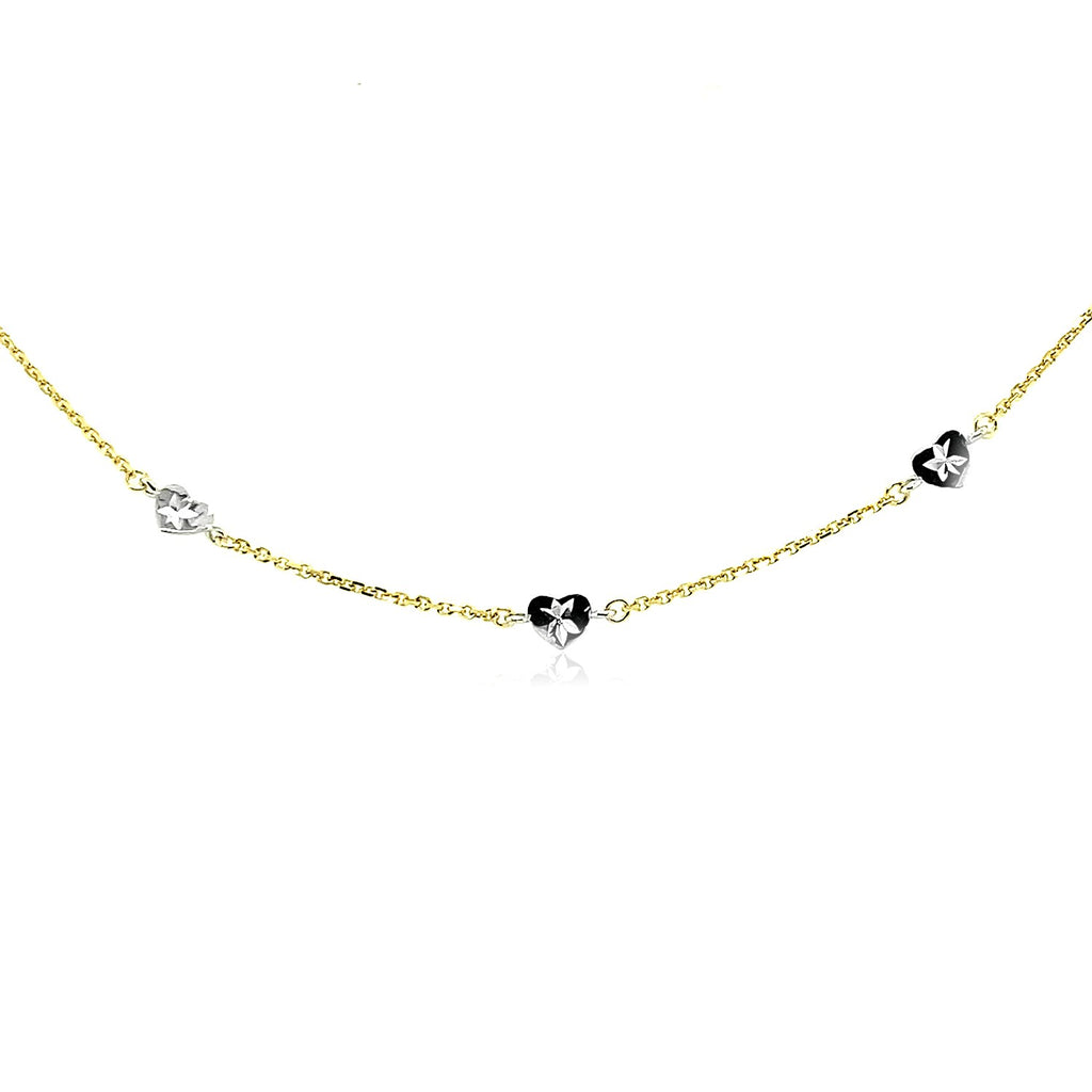 Two Tone Gold 14k Anklet with Diamond Cut Heart Style Stations