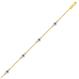 Two Tone Gold 14k Anklet with Diamond Cut Heart Style Stations