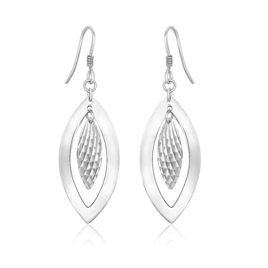 Sterling Silver Dangling Earrings with Dual Open and Textured Marquis Shapes