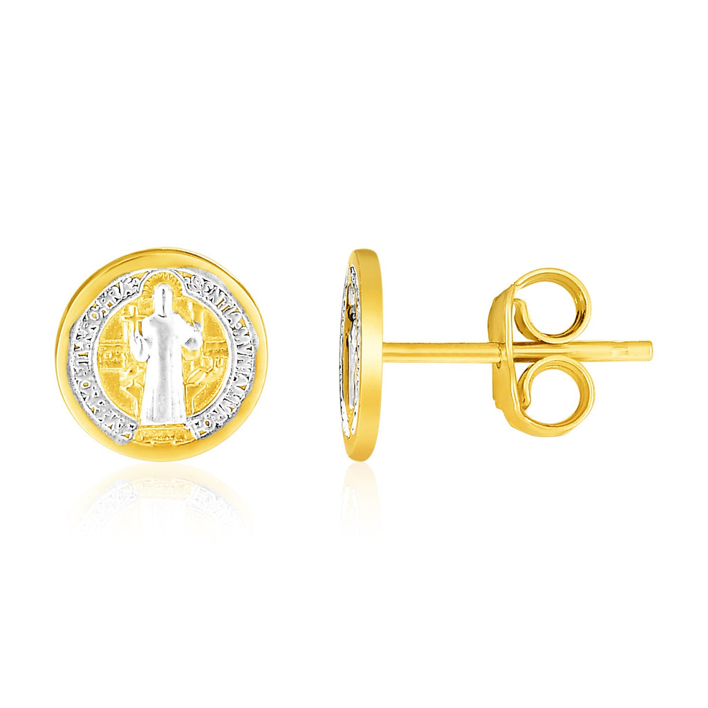 Two Tone Gold 14k Round Religious Medallion Post Earrings with Pushback Clasps