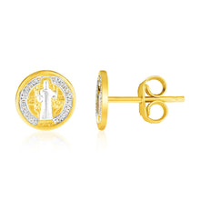 Load image into Gallery viewer, Two Tone Gold 14k Round Religious Medallion Post Earrings with Pushback Clasps
