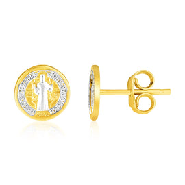Two Tone Gold 14k Round Religious Medallion Post Earrings with Pushback Clasps