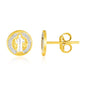 Two Tone Gold 14k Round Religious Medallion Post Earrings with Pushback Clasps