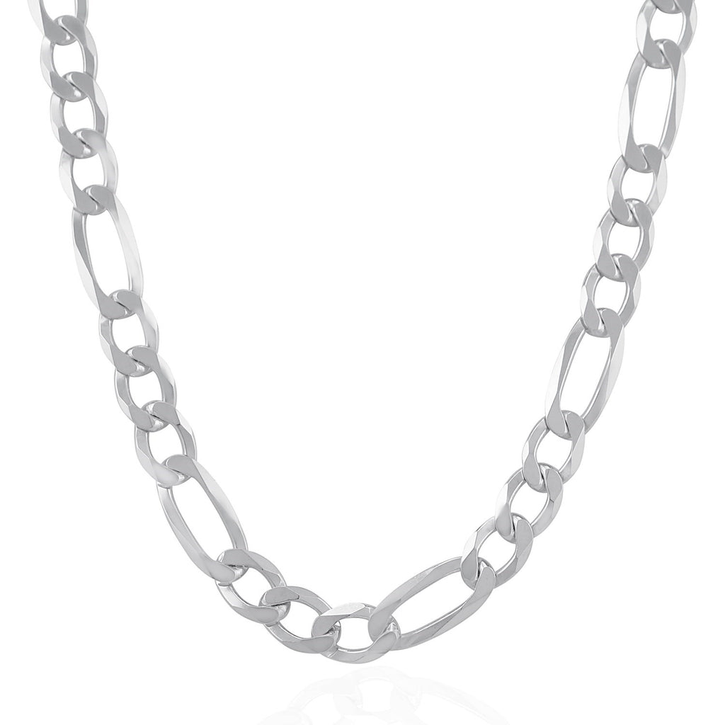 Rhodium Plated 9.0mm Sterling Silver Lobster Claw Figaro Style Chain