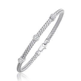 White Gold 14k 4.0mm Basket Weave Bangle with Diamond Accents