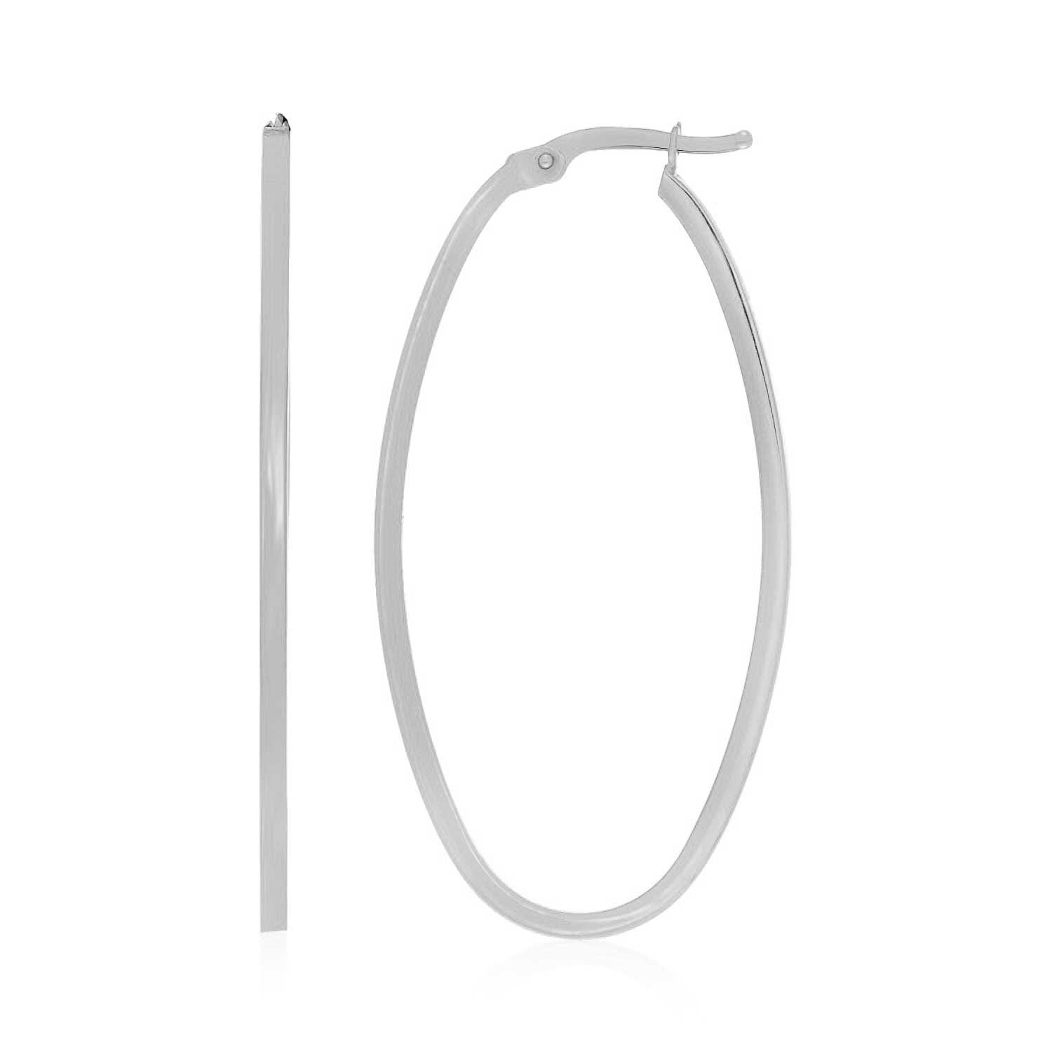 White Gold 14k Slim Oval Shape Hoop Earrings with Snap Lock