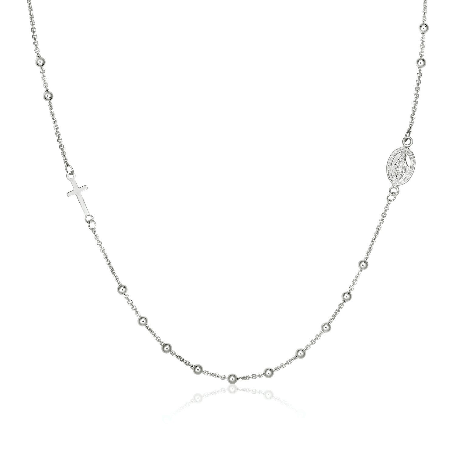 Sterling Silver 20 inch Beaded Chain Women's Religious Motif Necklace with Cross and Medal