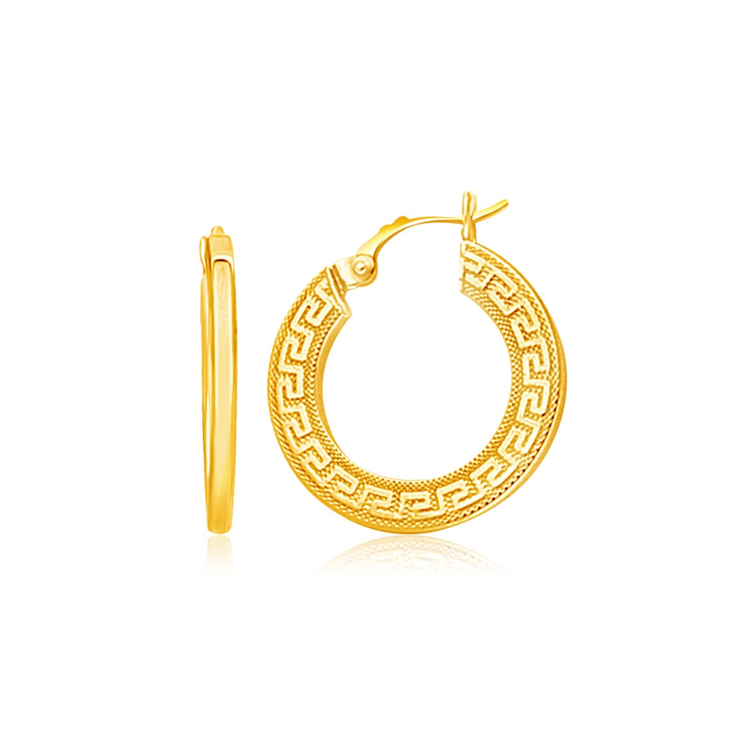 Yellow Gold 14k Greek Key Medium Hoop Earrings with Flat Sides with Snap Lock