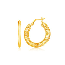Load image into Gallery viewer, Yellow Gold 14k Greek Key Medium Hoop Earrings with Flat Sides with Snap Lock