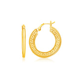 Yellow Gold 14k Greek Key Medium Hoop Earrings with Flat Sides with Snap Lock