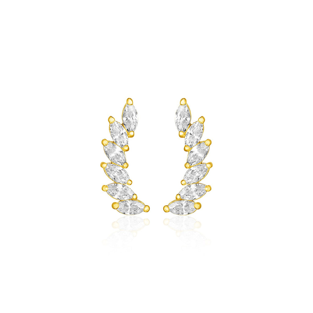 Yellow Gold 14k Leaf Motif Climber Post Earrings with Marquise Cubic Zirconias in Pushback Clasps