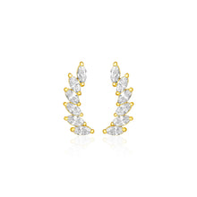 Load image into Gallery viewer, Yellow Gold 14k Leaf Motif Climber Post Earrings with Marquise Cubic Zirconias in Pushback Clasps