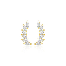 Yellow Gold 14k Leaf Motif Climber Post Earrings with Marquise Cubic Zirconias in Pushback Clasps