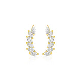 Yellow Gold 14k Leaf Motif Climber Post Earrings with Marquise Cubic Zirconias in Pushback Clasps