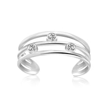 Load image into Gallery viewer, Sterling Silver Rhodium Plated Triple Line Open Motif Cubic Zirconia Toe Ring