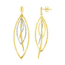 Load image into Gallery viewer, Two Tone Gold 14k Textured and Polished Marquise Motif Dangling Earrings