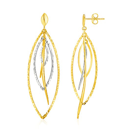 Two Tone Gold 14k Textured and Polished Marquise Motif Dangling Earrings