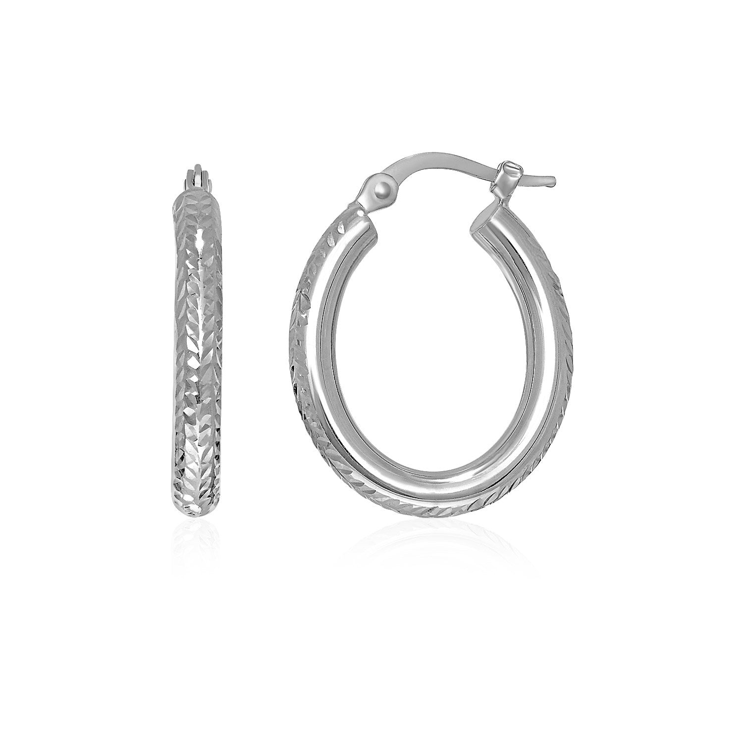 White Gold 14k Diamond Cut Textured Oval Hoop Earrings. with Snap Lock