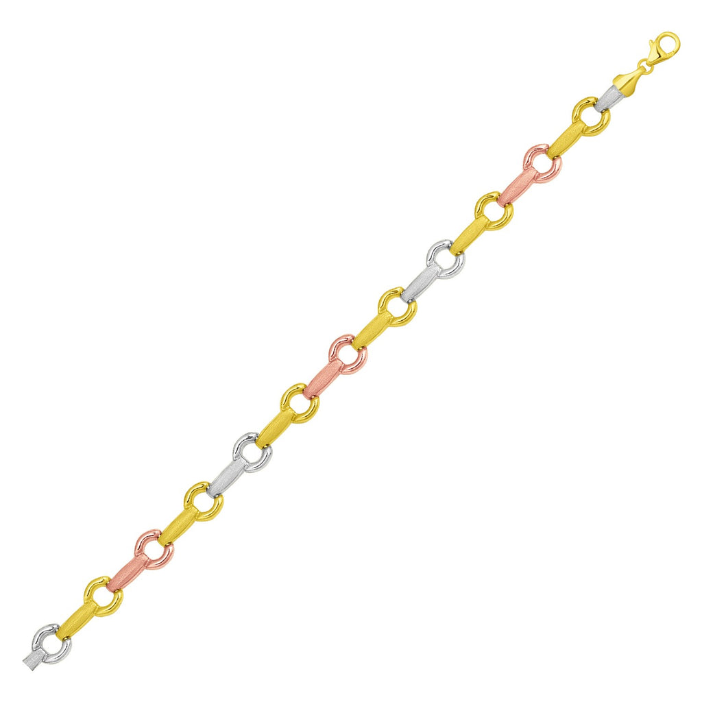 Tri-Color Gold 14k Bar and Round Women's Link Bracelet