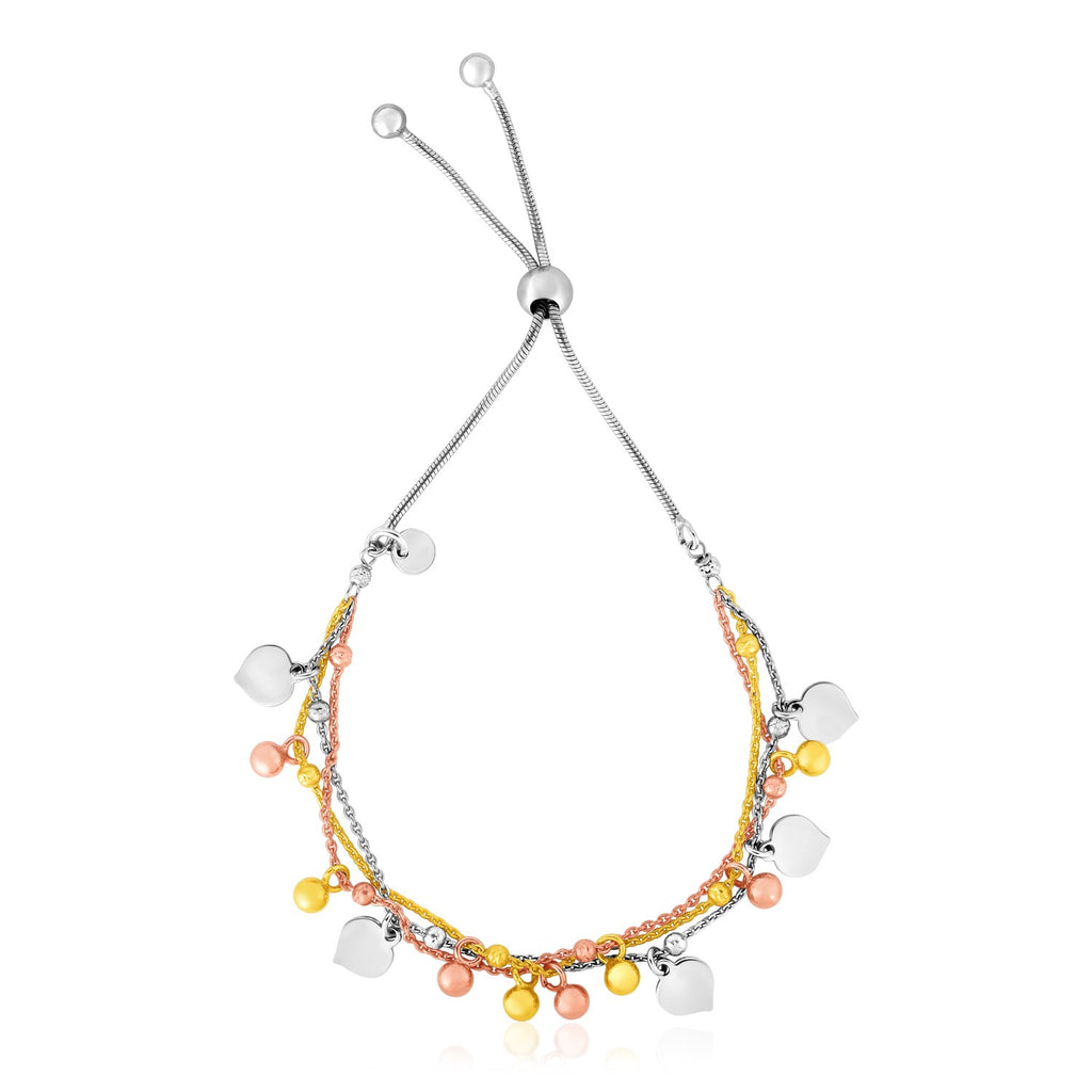 Sterling Silver Adjustable Three Toned Women's Bracelet with Polished Hearts and Beads