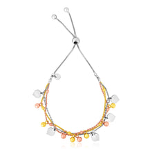 Load image into Gallery viewer, Sterling Silver Adjustable Three Toned Women&#39;s Bracelet with Polished Hearts and Beads