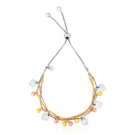 Sterling Silver Adjustable Three Toned Women's Bracelet with Polished Hearts and Beads
