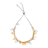 Sterling Silver Adjustable Three Toned Women's Bracelet with Polished Hearts and Beads