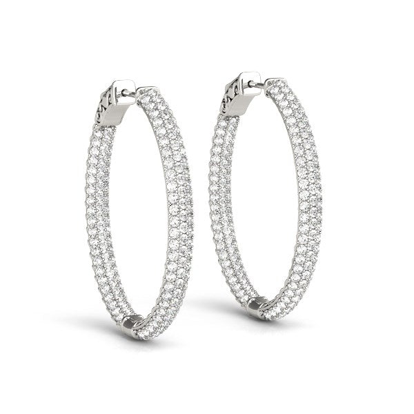 White Gold 14k Diamond Double Sided Three Row Hoop Earrings in Hinged Snap Back