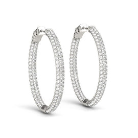 White Gold 14k Diamond Double Sided Three Row Hoop Earrings in Hinged Snap Back