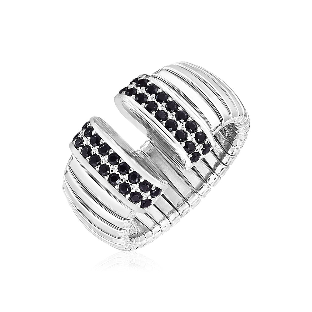 Sterling Silver Serpentine Style Fancy Ring with Black Cubic Zirconias