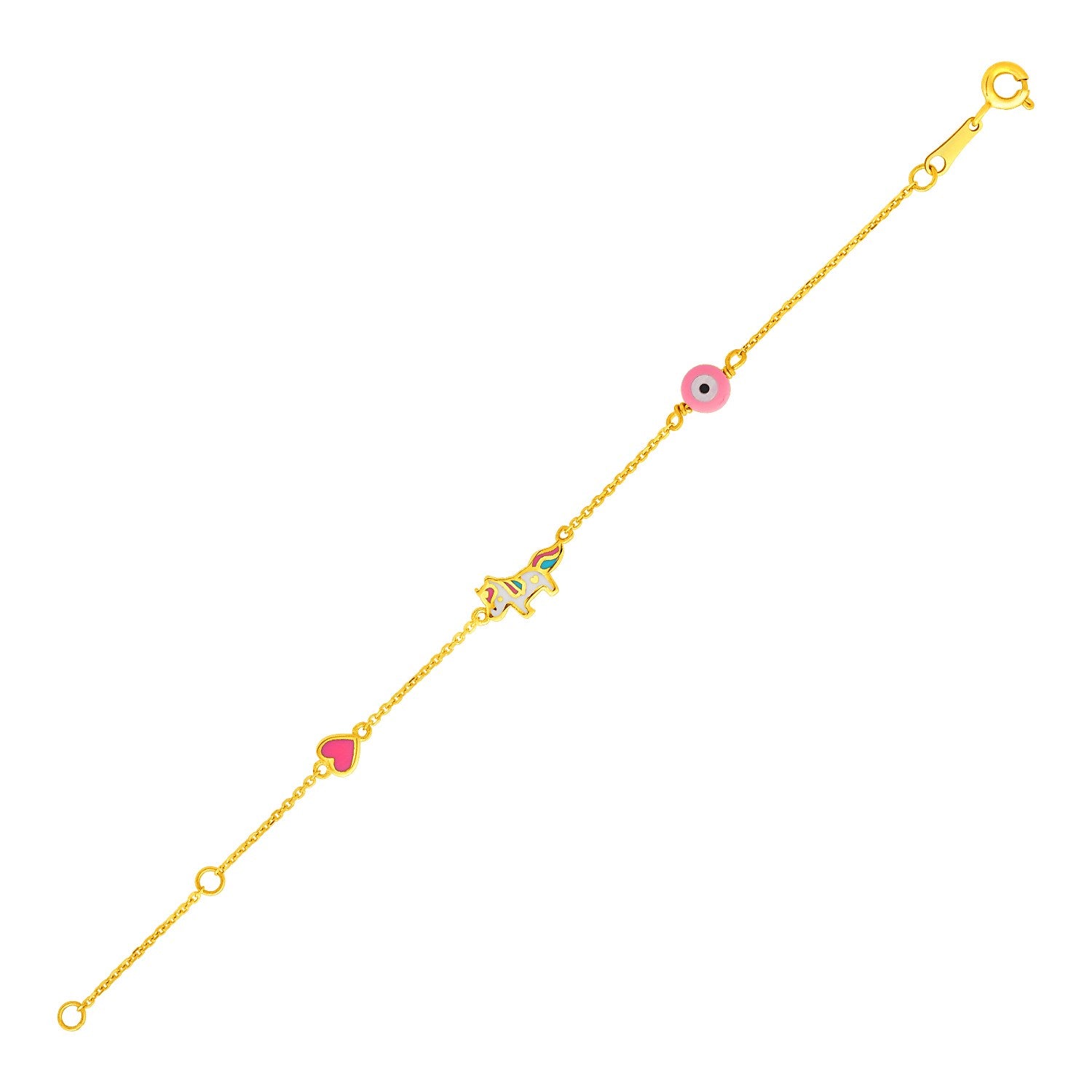 Yellow Gold 14k 5 1/2 inch Childrens Bracelet with Enameled Heart Unicorn and Circle