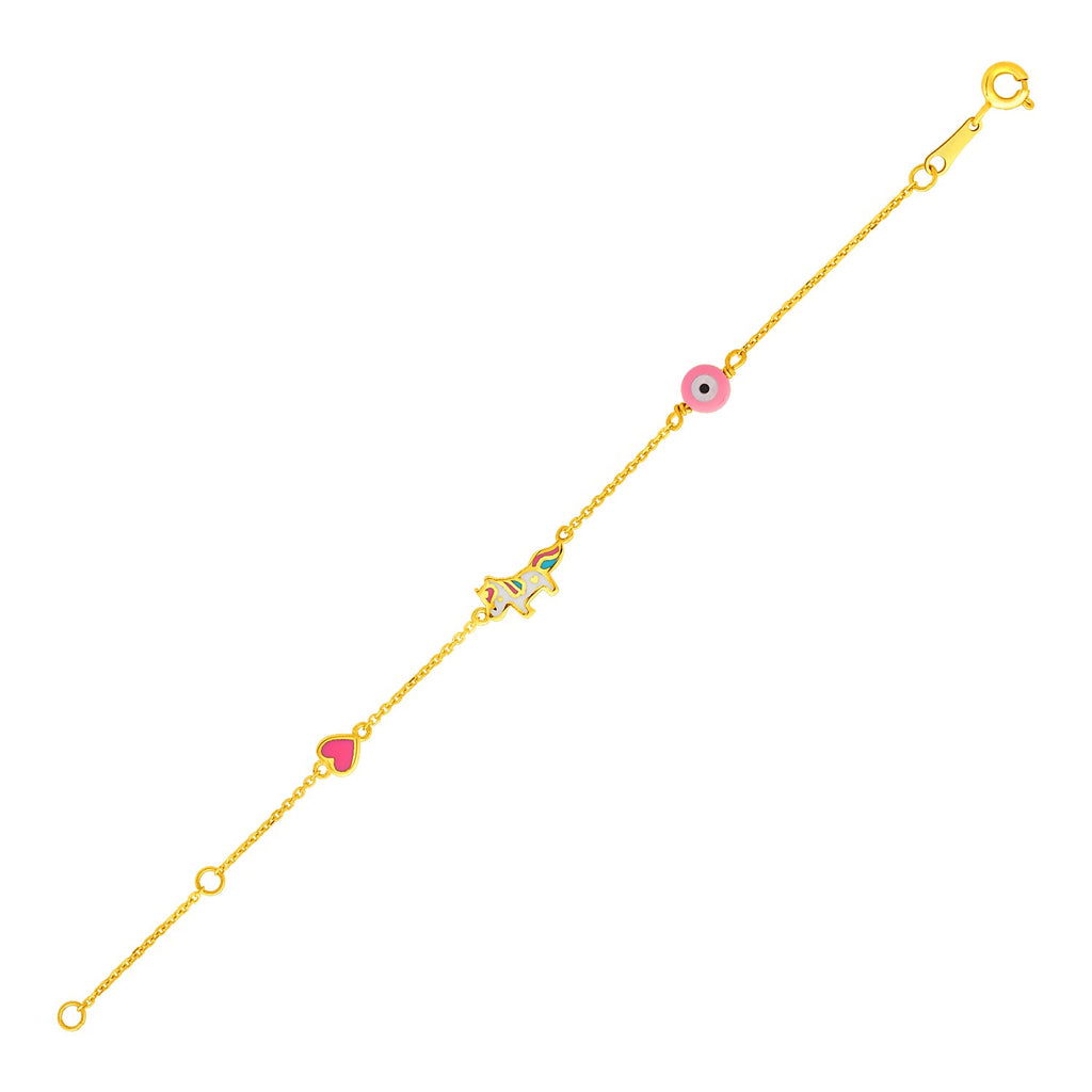 Yellow Gold 14k 5 1/2 inch Childrens Bracelet with Enameled Heart Unicorn and Circle