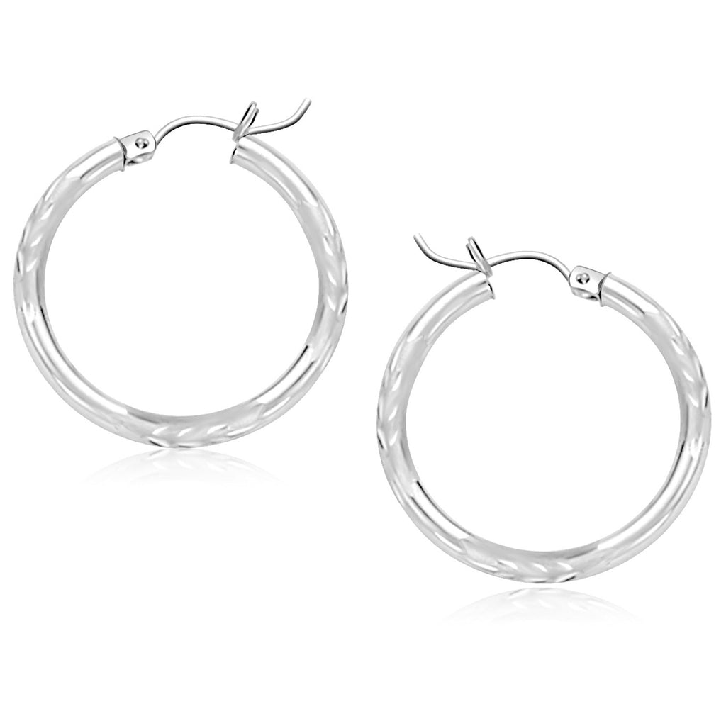 White Gold 14k 25 mm Diamond Cut Hoop Earrings with Snap Lock Backing
