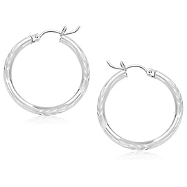 White Gold 14k 25 mm Diamond Cut Hoop Earrings with Snap Lock Backing