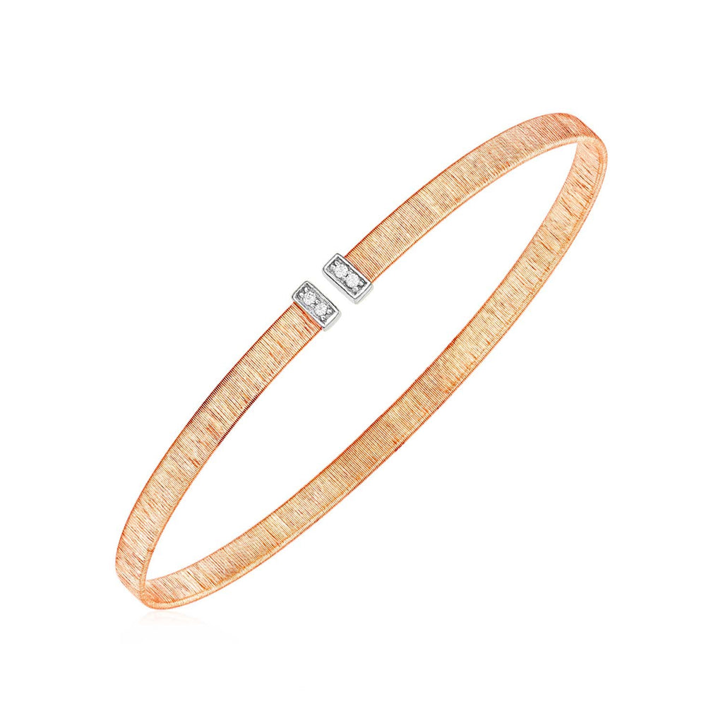 Two Tone Gold 14k Narrow Silk Textured Cuff Bangle with TwiklingDiamonds
