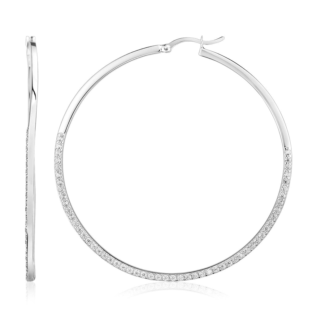 Sterling Silver Large Eye-Catching Textured Rectangular Profile Hoop Earrings
