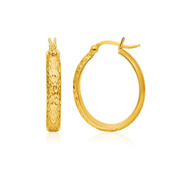 Yellow Gold 14k Hammered Oval Hoop Earrings with Snap Lock
