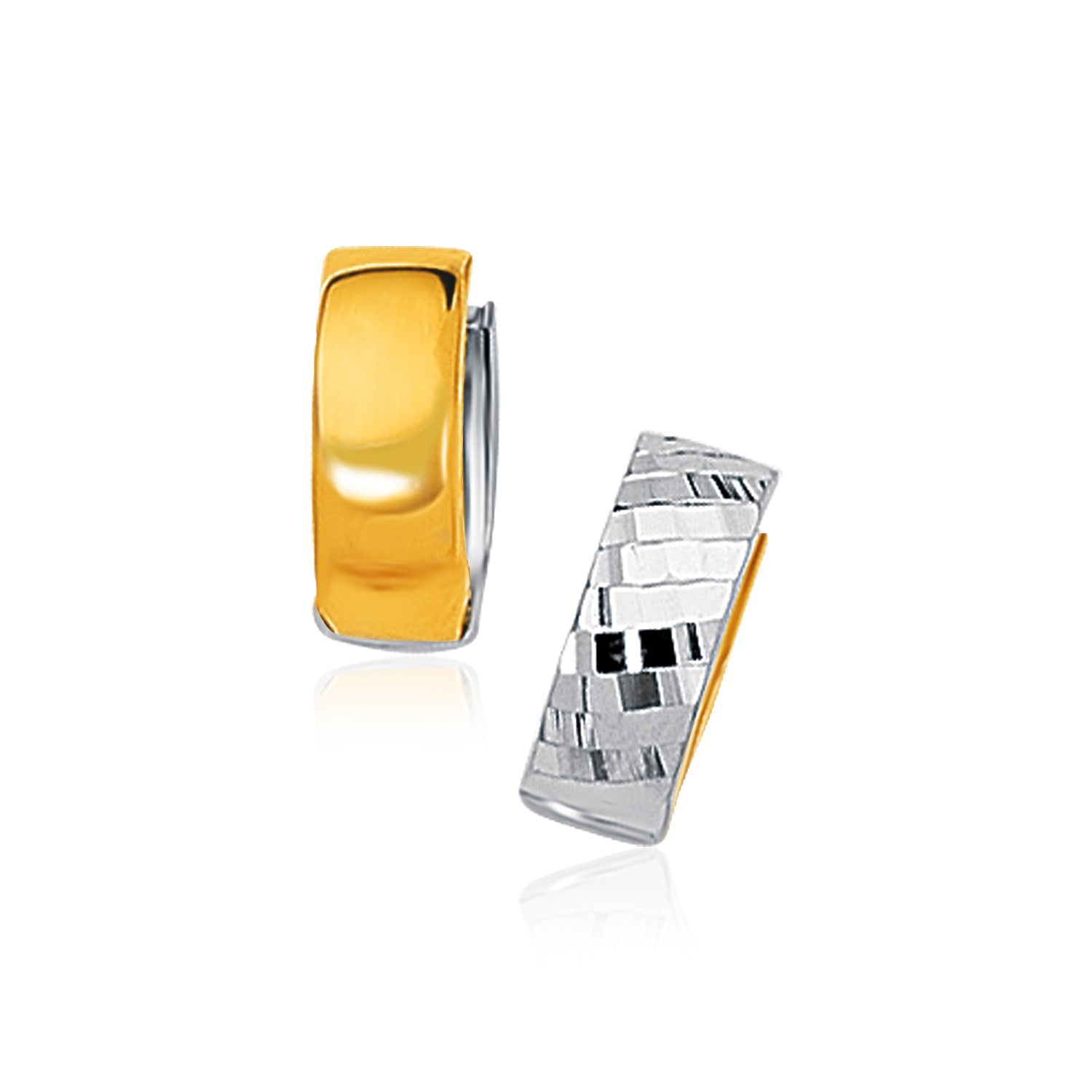 Two-Tone Gold 14k Polished and Textured Style Hoop Earrings with Snap Lock