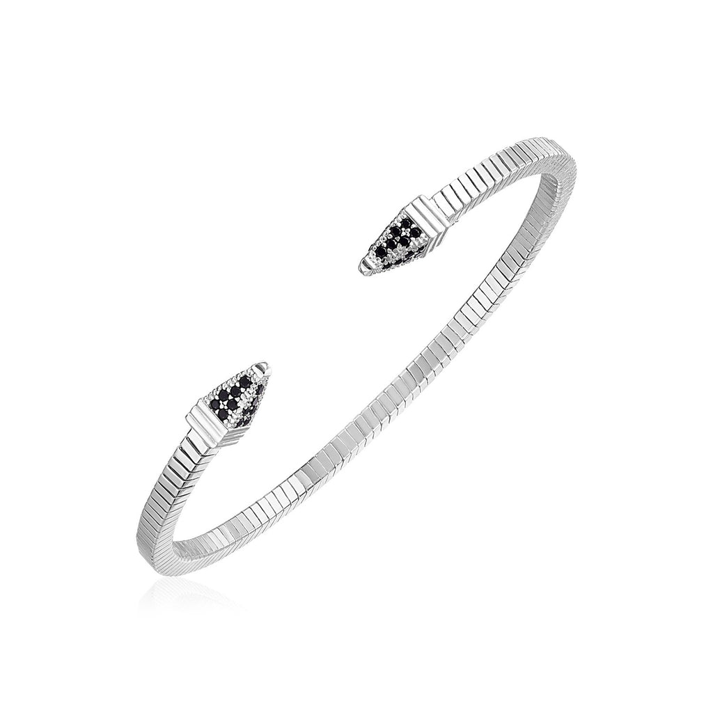 Sterling Silver Spike Cuff Women's Fancy Bracelet with Black Cubic Zirconias