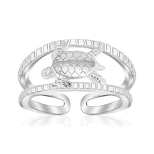 Load image into Gallery viewer, Sterling Silver Rhodium Plated Open Toe Ring with a Turtle Accent
