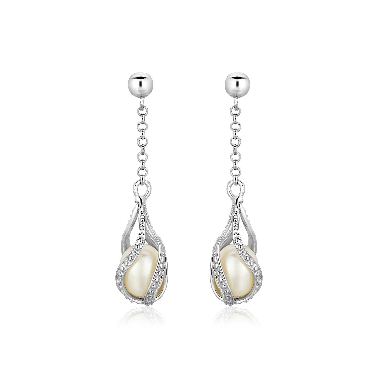 Sterling Silver Twisted Cage Style Earrings with Freshwater Pearls