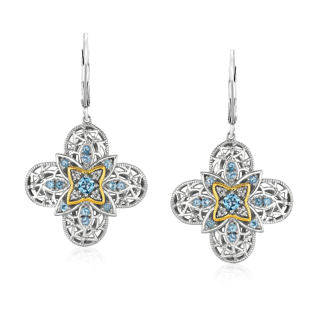 Sterling Silver and Yellow Gold 14K Blue Topaz Quatrefoil Fancy Earrings with Diamonds